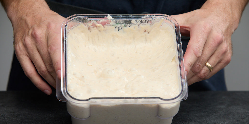 Two hands holding an airtight container of poolish.
