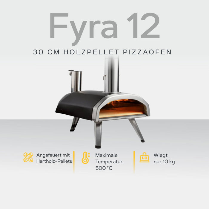 Ooni Fyra 12 12" Wood Pellet Pizza Oven against white background with key features information | Klicke auf dieses Bild, um den Galeriemodus des Produkts zu öffnen. Der Produktbild-Galeriemodus ermöglicht es dir, die Bilder zu vergrößern.