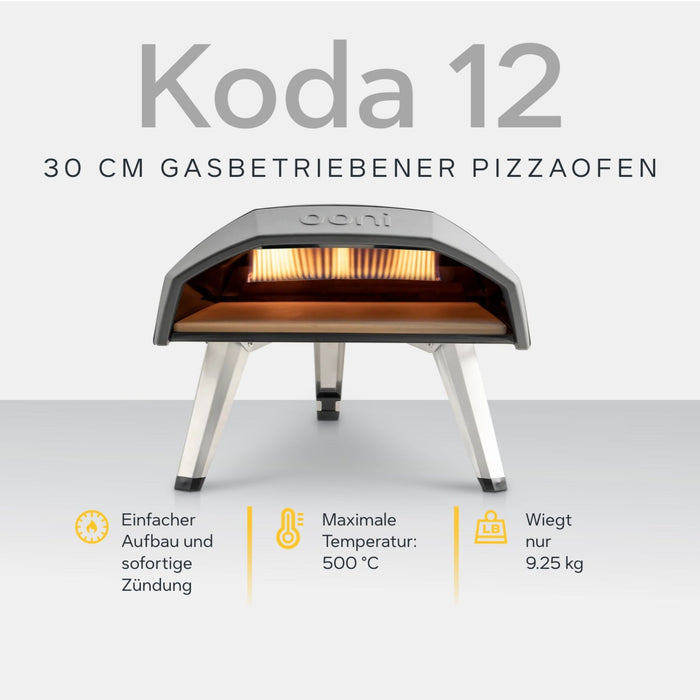 Ooni Koda 12 12" Gas Powered Pizza Oven against white background with key features information | Klicke auf dieses Bild, um den Galeriemodus des Produkts zu öffnen. Der Produktbild-Galeriemodus ermöglicht es dir, die Bilder zu vergrößern.