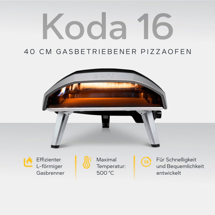 Ooni Koda 16 16" Gas Powered Pizza Oven against white background with key features information | Klicke auf dieses Bild, um den Galeriemodus des Produkts zu öffnen. Der Produktbild-Galeriemodus ermöglicht es dir, die Bilder zu vergrößern.