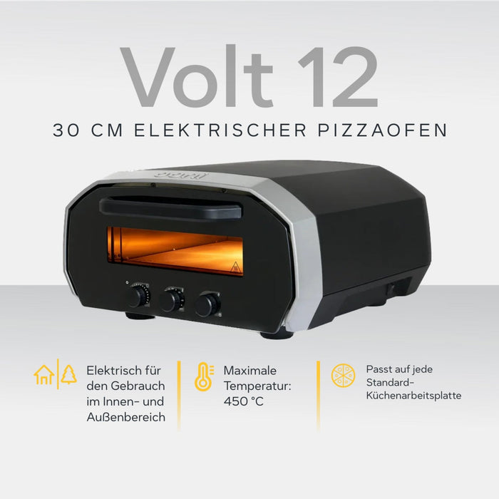 Ooni Volt 12 12" Electric Pizza Oven against white background with key features information | Klicke auf dieses Bild, um den Galeriemodus des Produkts zu öffnen. Der Produktbild-Galeriemodus ermöglicht es dir, die Bilder zu vergrößern.