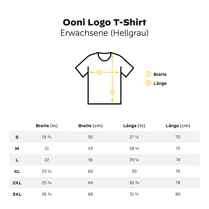 Ooni Logo Light Grey T-Shirt Size Guide | Klicke auf dieses Bild, um den Galeriemodus des Produkts zu öffnen. Der Produktbild-Galeriemodus ermöglicht es dir, die Bilder zu vergrößern.