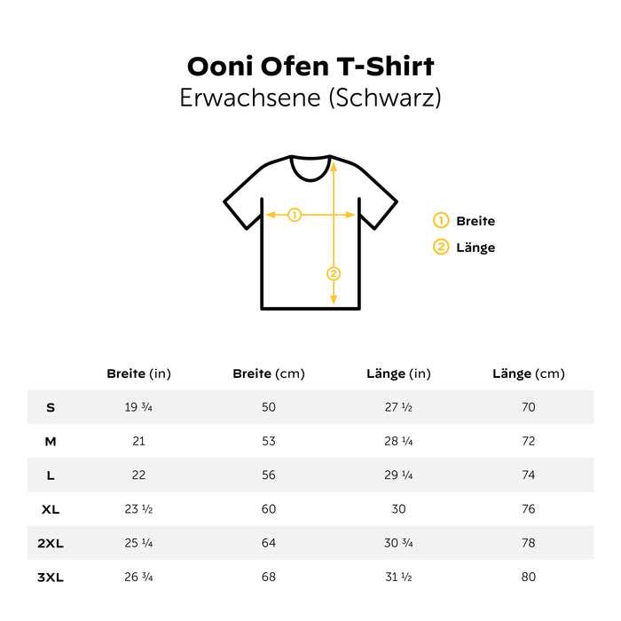 Ooni Black Oven T-Shirt Size Guide | Klicke auf dieses Bild, um den Galeriemodus des Produkts zu öffnen. Der Produktbild-Galeriemodus ermöglicht es dir, die Bilder zu vergrößern.